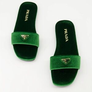 PRADA Green Velvet Flat Sandals